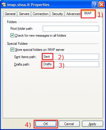 Fill in carefully the content of the imap.sissa.it Properties window -- IMAP tab...
