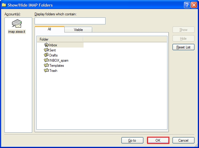 In the Show/Hide IMAP Folders window, click on OK.