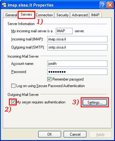 Fill in carefully the content of the imap.sissa.it Properties window -- Servers tab...