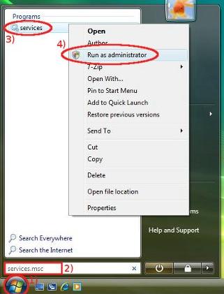 Start, write: services.msc --> using the right mouse button click on services, click on Run as administrator...