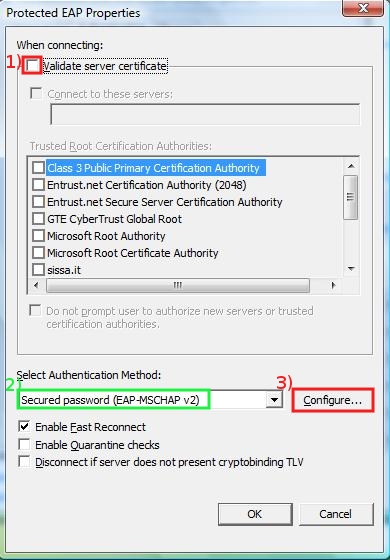 Remove the check in Validate server certificate, click on Configure...