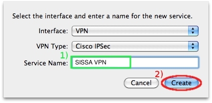 In the Service Name field write: SISSA VPN, then click on create...