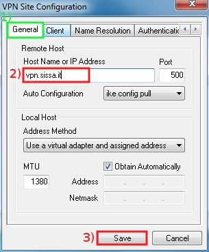 In general tab, on the Host Name or IP address field, write: vpn.sissa.it, then click on Save.