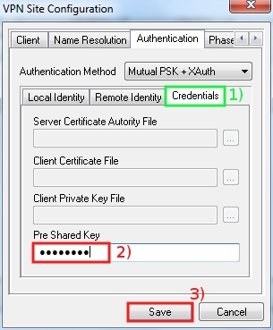 In the Credentials internal tab, in the Pre Shared Key field write: vpn group password, then click on Save...