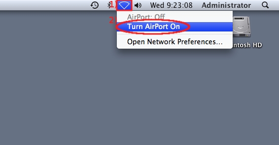 Click on Network icon then click on Turn AirPort On...