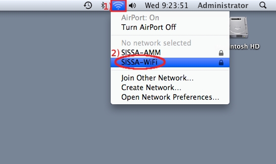Click on Network then select SISSA-WiFi...