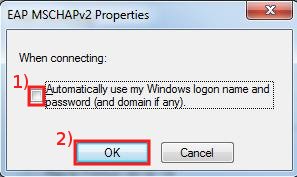 Remove the check in Automatically use my Windows logon name and password box, then click on OK ... again click on OK in Protected EAP Properties window...