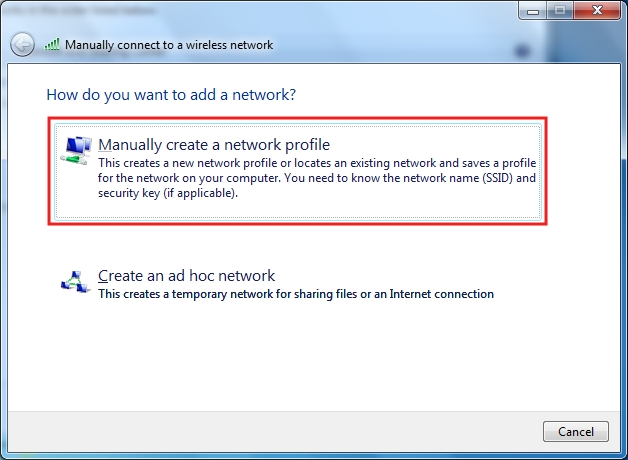 Select Manually create a network profile...