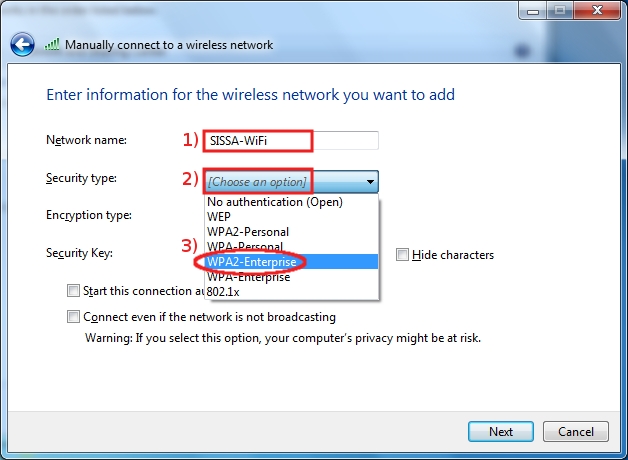 Insert as network name SISSA-WiFi and select WPA2-Enterprise security...