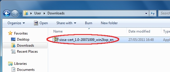 Execute the file sissa-cert_1.0-20071009_win2kxp_en...