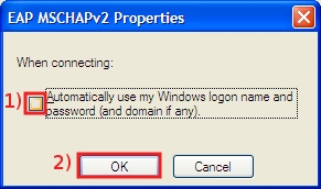 Remove the check in Automatically use my Windows logon name and password box, then click on OK ... again OK in Protected EAP Properties window...