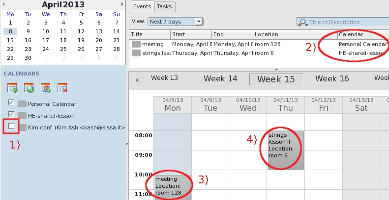 Events will appear in the main calendar as "rectangular box with a dark gray background". To understand at which calendar an event belongs to, you can click once on it.