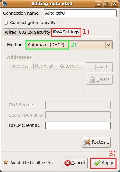 Verify that the selected method is DHCP and plug in the Ethernet cable.
