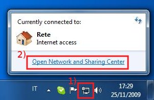 Connect the Ethernet cable --> Click on the Network icon and then on Open Network and Sharing Center...