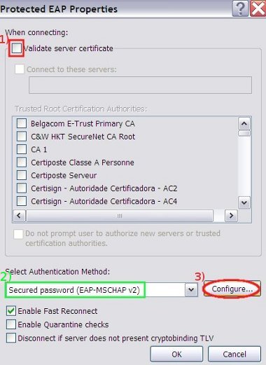 Uncheck Validate server certificate, then click on Configure...