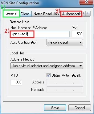 In General tab, in the Host Name or IP address field, insert: vpn.sissa.it, then click on Authentication tab...