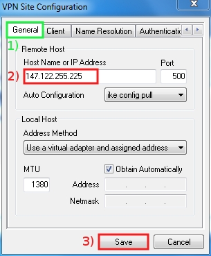 In general tab, on the Host Name or IP address field, write: 147.122.255.225, then click on Save...