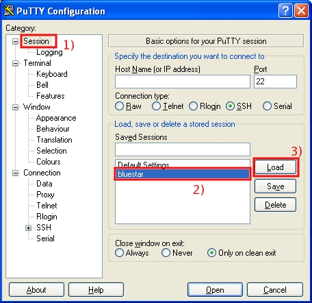  Select the name of the session (for example bluestar), then click on Load...
