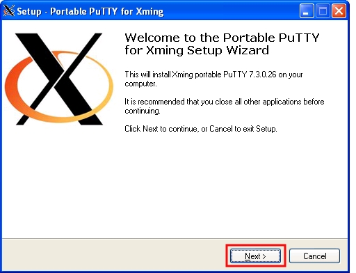 In the Setup-Portable PuTTy for Xming window, Welcome section, click on Next ...