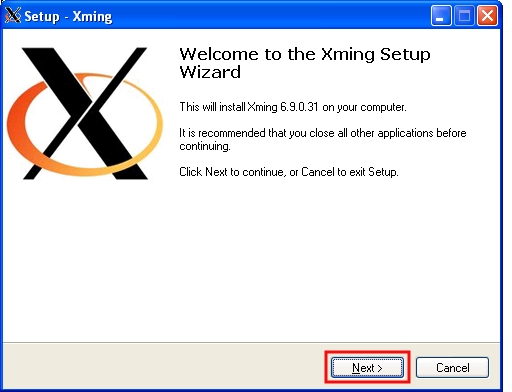 In the Setup-Xming window, Welcome section, click on Next...