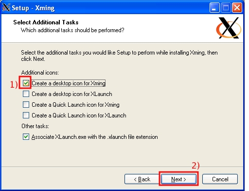 Put a check in the Create a desktop icon for Xming box, then click on Next...