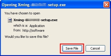 In the Opening Xming-......-setup.exe window, click on Save ...