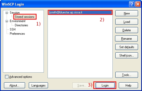  In the Stored sessions section, select the session you desire to connect then click in Login...
