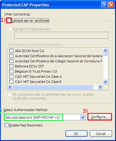 Remove the check in Validate server certificate box, then click on Configure...
